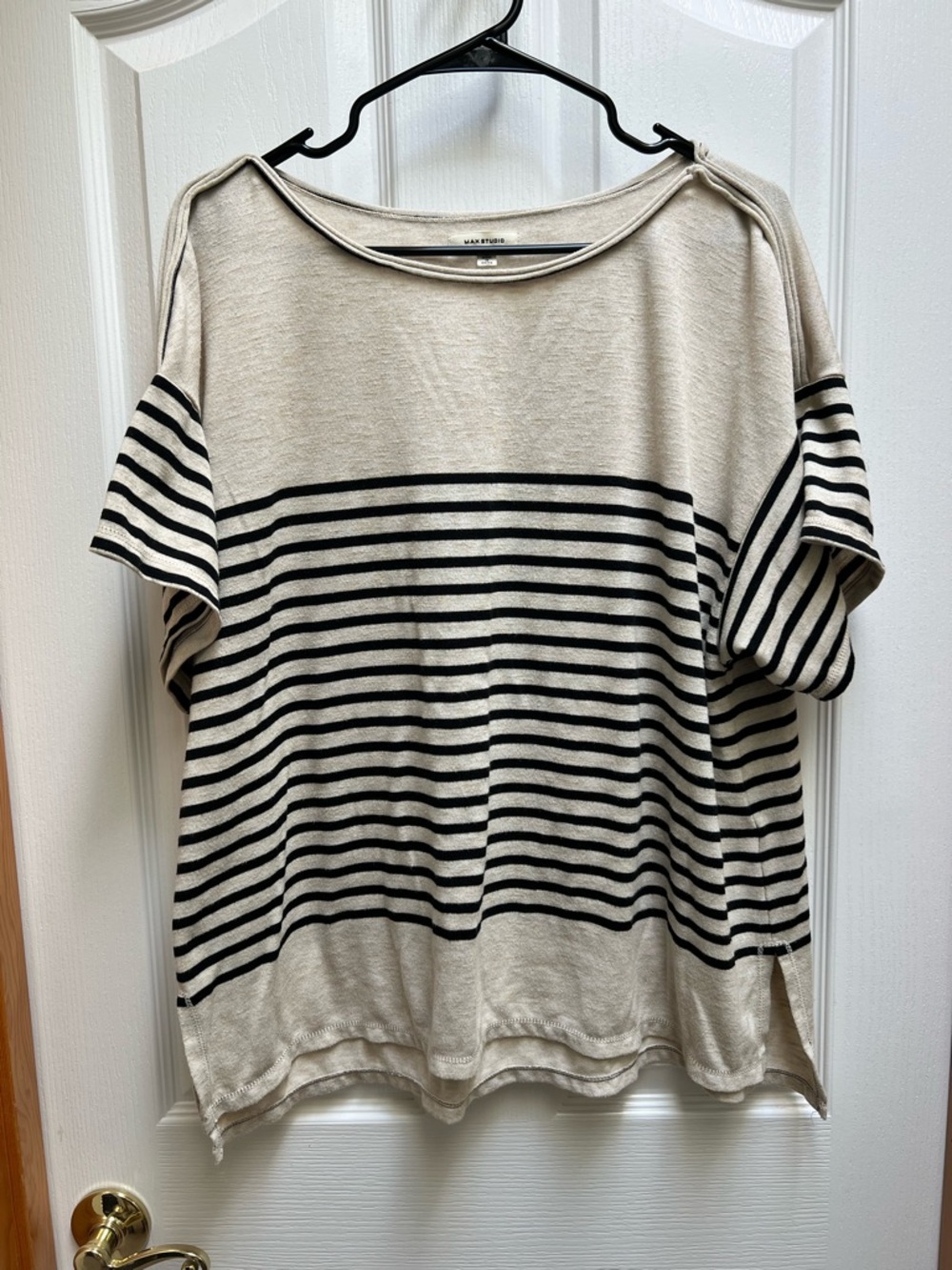 Max Studio Cream and Black Striped Short-Sleeve Top